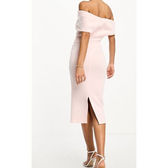 NWT ASOS DESIGN Off Shoulder Cutout Midi Dress with Asymmetric Hem in Rosewater - Picture 5 of 15